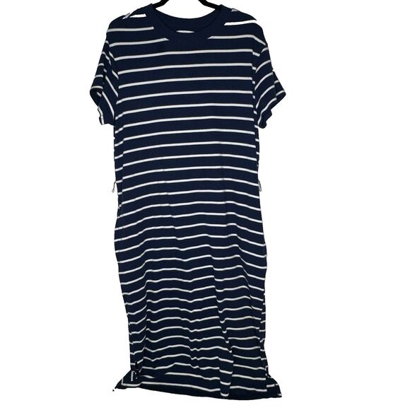 Time And Tru Womens Navy/White Striped T-Shirt Maxi Dress with Pockets Sz 14-16 - Picture 1 of 8